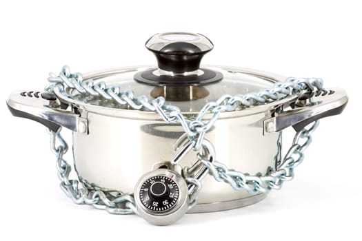 Chain with a padlock around a metal saucepan on a white background