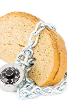 Slices of bread locked with chain and padlock on a white background