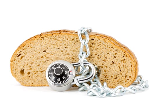 Slices of bread locked with chain and padlock on a white background