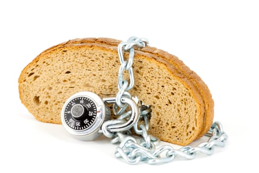 Slices of bread locked with chain and padlock on a white background