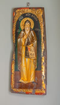 Icon of Orthodox Bulgarian saint, Ivan Rilski, painted on old tree