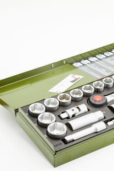 Socket Key Set in a metal box on a white background