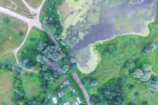 Top view of the village, fields and forests near the village
