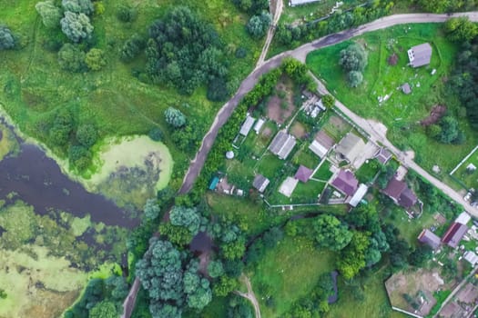 Top view of the village, fields and forests near the village