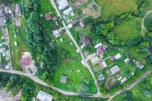 Top view of the village, fields and forests near the village
