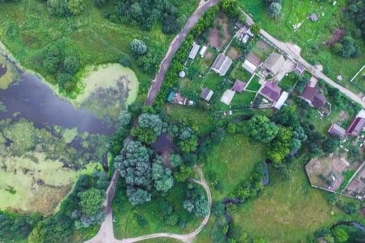 Top view of the village, fields and forests near the village