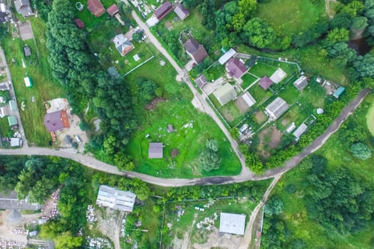 Top view of the village, fields and forests near the village