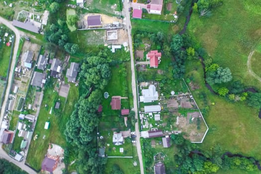 Top view of the village, fields and forests near the village