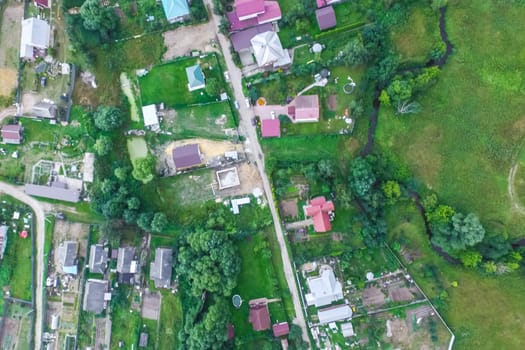 Top view of the village, fields and forests near the village