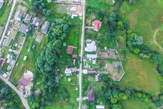 Top view of the village, fields and forests near the village