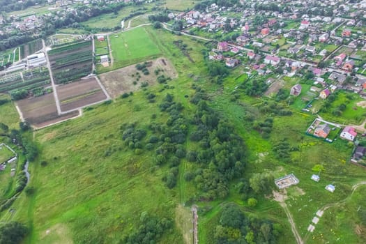 Top view of the village, fields and forests near the village