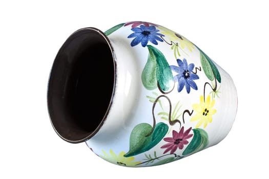 Ceramic vase with colorful floral patterns on a white background