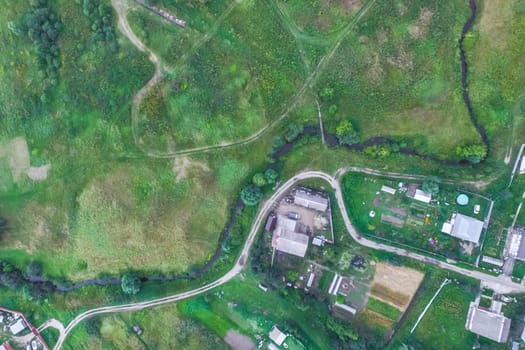 Top view of the village, fields and forests near the village