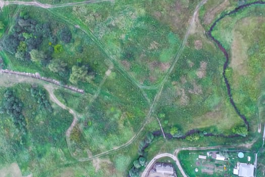 Top view of the village, fields and forests near the village