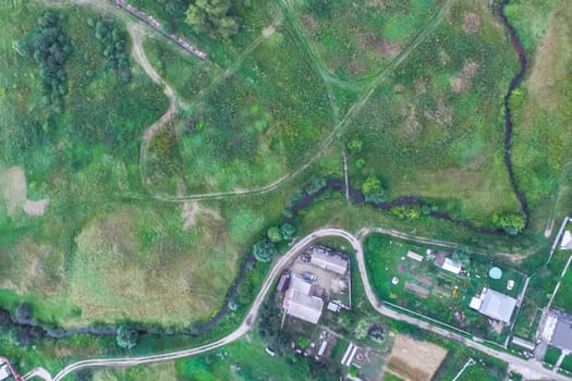 Top view of the village, fields and forests near the village