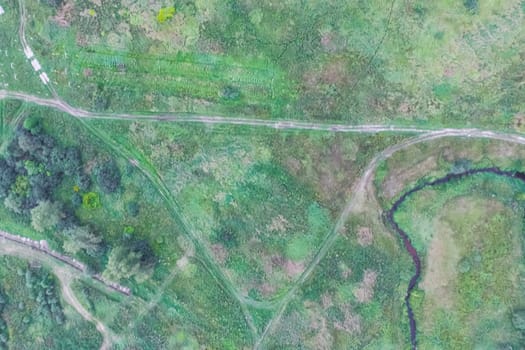 Top view of the village, fields and forests near the village