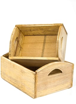 Decorative wooden crates on a white background