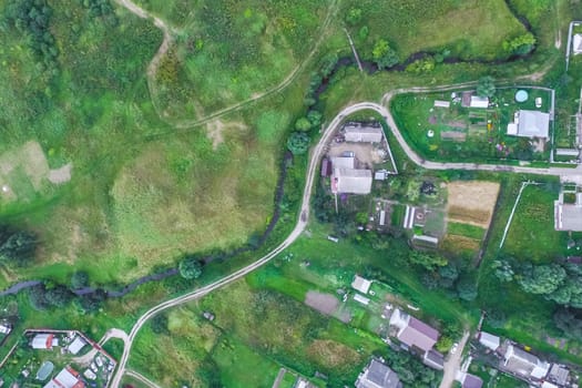 Top view of the village, fields and forests near the village