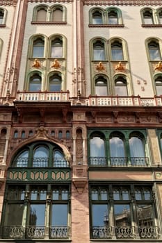 The elaborate facade of the Parisi, Parizsi Udvar, Parisian Court building in the city center of Budapest, Hungary 2022