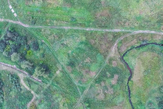 Top view of the village, fields and forests near the village