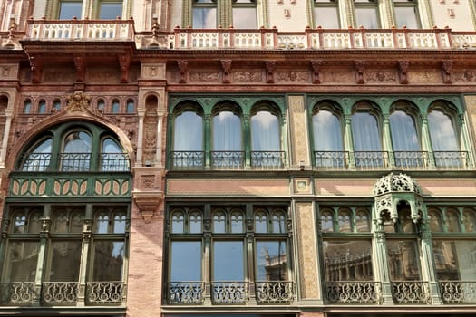 The lower facade of the Parisi, Parizsi Udvar, Parisian Court building, in the city center of Budapest, Hungary 2022