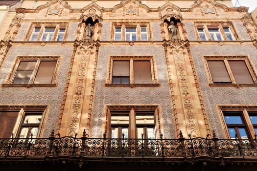 The elaborate facade of the Thonet Haz, Thonet House, an example of Art Nouveau architecture in the city center of Budapest, Hungary 2022