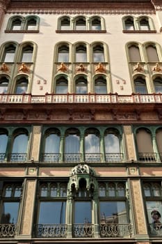 The impressive facade of the Parisi, Parizsi Udvar, Parisian Court building in the city center of Budapest, Hungary 2022