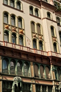 The facade of the Parisi, Parizsi Udvar, Parisian Court building in the city center of Budapest, Hungary 2022