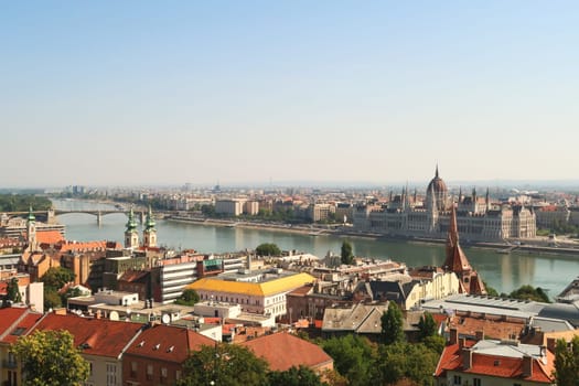 View from the Fisherman's Bastion onto the Hungarian Parliament Building and the Danube River, Budapest, Hungary 2022