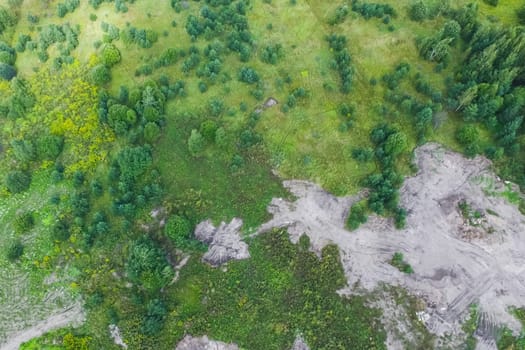 Top view of the village, fields and forests near the village