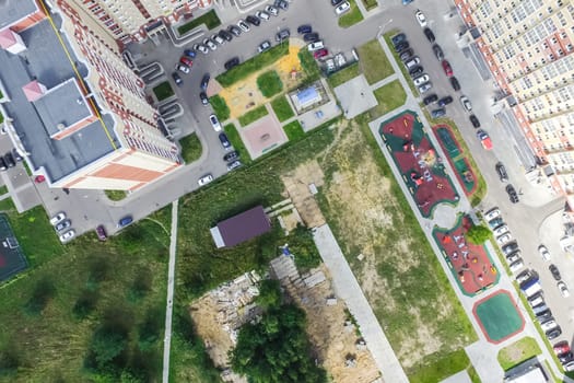 Top view of the city of Moscow, buildings and roads and other infrastructure of the city. Cityscape view from above.