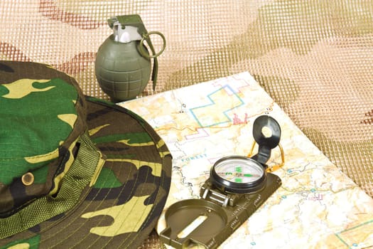 Military stuff - map,compasse, camoflage
