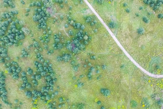Top view of the village, fields and forests near the village