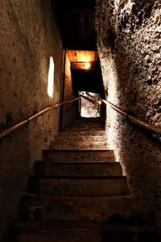 Inside the catacombs of Salzburg at the St.., Saint Peter's Cemetery, Petersfriedhof, stairs leading up to the Getrauden Chapel, Getraudenkapelle, Salzburg, Austria 2022