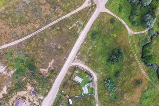 Top view of the village, fields and forests near the village