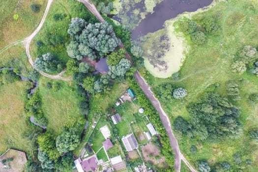 Top view of the village, fields and forests near the village
