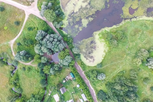 Top view of the village, fields and forests near the village