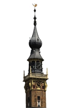 a beautiful steeple, with blue sky in the background