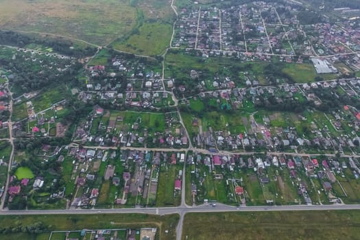 Top view of the village, fields and forests near the village