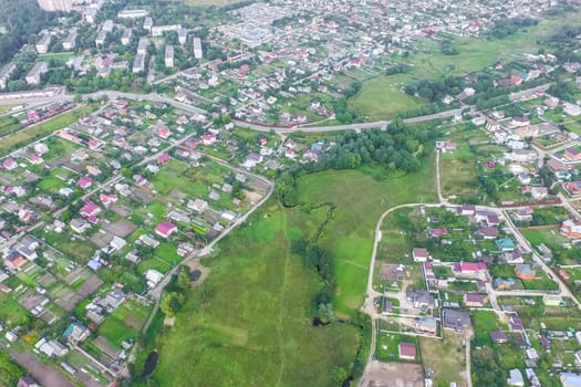 Top view of the village, fields and forests near the village