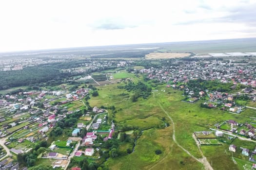 Top view of the village, fields and forests near the village