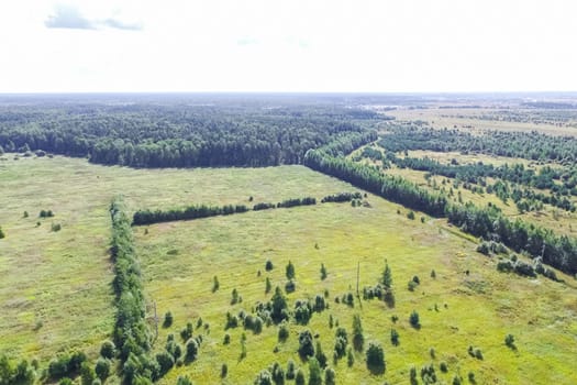 Top view of the village, fields and forests near the village