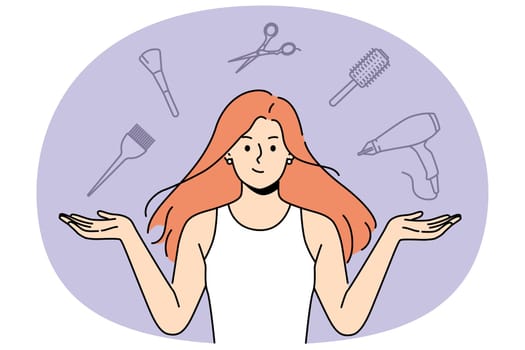 Woman stylist with flying accessories for hairdresser offers to make new hairstyle to change image. Girl hairdresser from beauty salon recommends taking care of hair and using professional equipment
