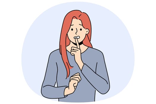 Confused woman touches chin thoughtfully, reflecting on philosophical question or mistake. Confused young girl in casual clothes looks worriedly at screen in need of help or advice