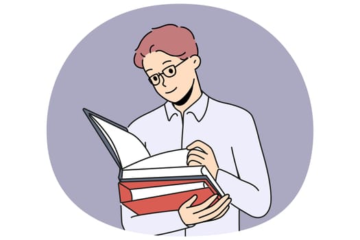 Business man with folders for documents works as lawyer in large corporation. Guy office worker with papers makes career as business auditor checking accounting statements of employer company