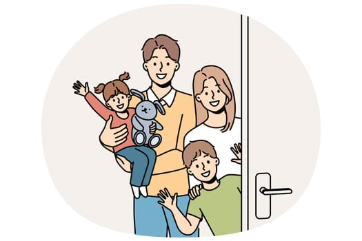 Family with children stands near door, inviting guests to banquet and waving hands in greeting. Young family with kids looks at screen in friendly way, posing on threshold of new apartment.