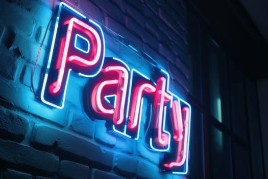 A neon sign showing the word Party on a wall