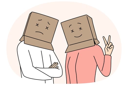 People with cardboard boxes on heads look at screen with sad or cheerful emotions
