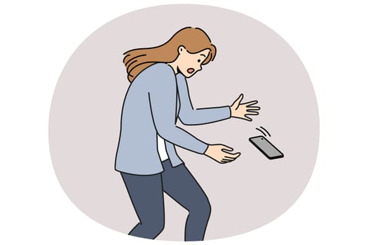 Woman dropped phone and looks shocked at falling gadget, which is at risk of breaking after hitting ground. Girl drops smartphone due to awkward attitude to advertise protective glass or phone cases