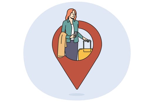 Traveling woman with suitcase near giant GPS pin for concept of navigation and transport logistics for tourism. Geotag with girl going on business trip holding bag on wheels and mobile phone